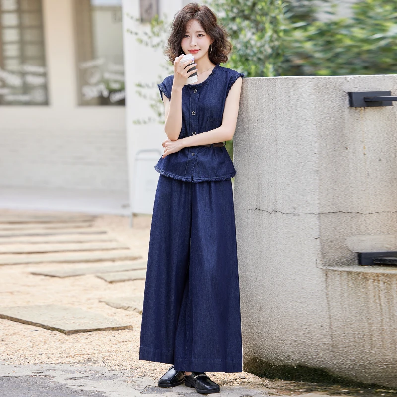 港风复古气质牛仔套装女2025夏季新款小香风坎肩阔腿裤两件套