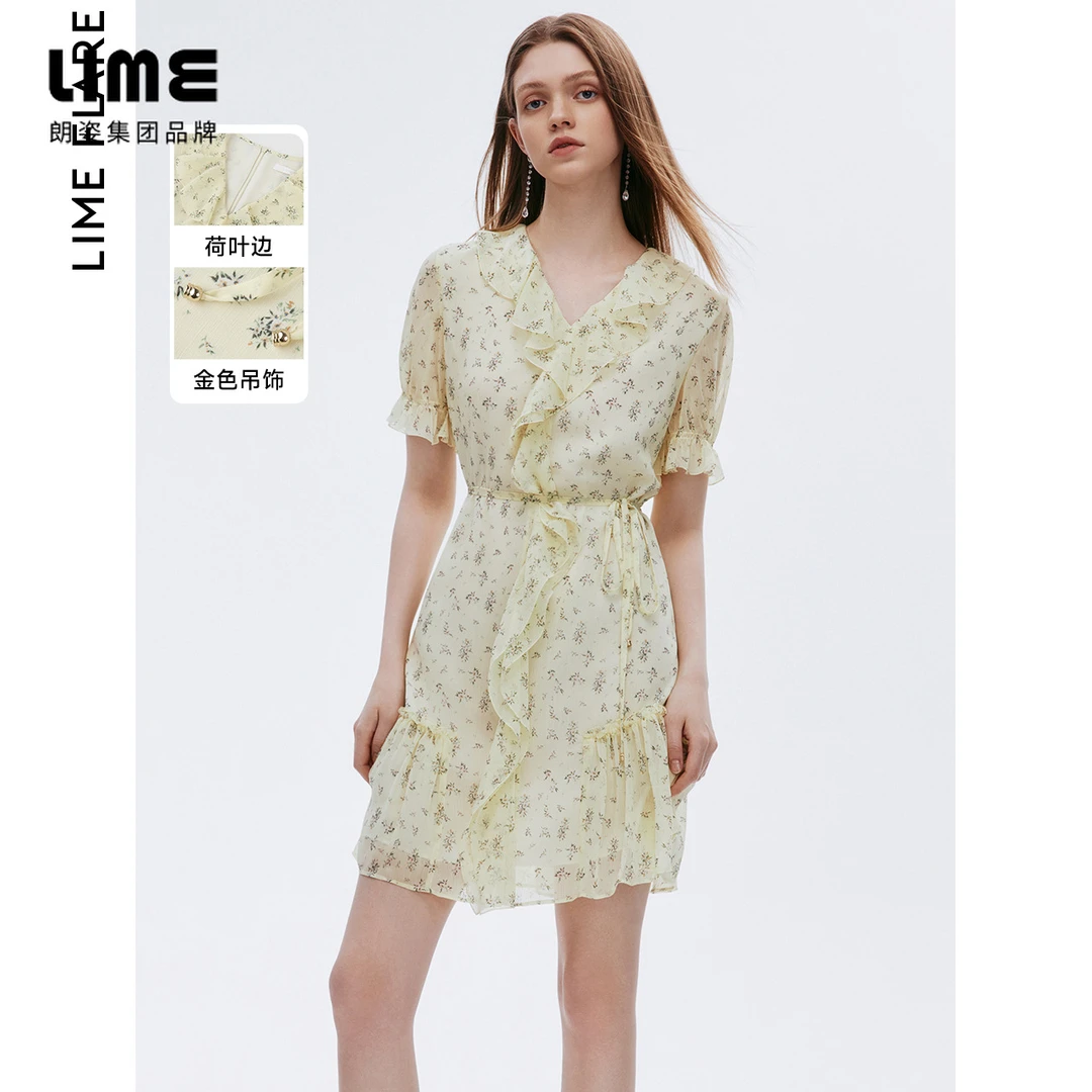 莱茵福莱尔碎花收腰V领系带连衣裙气质法式高级裙子LMFB18WOP043