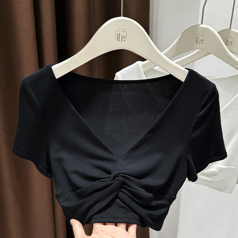 黑色莫代尔正肩短袖T恤打底衫夏季新款设计感交叉扭结露脐上衣女