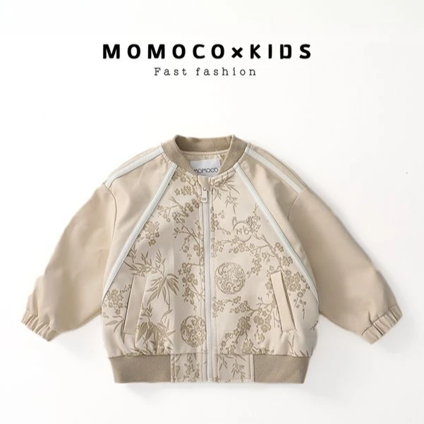 MOMOCO春季儿童新中式皮衣百搭印花春秋夹克时尚外套75580107001