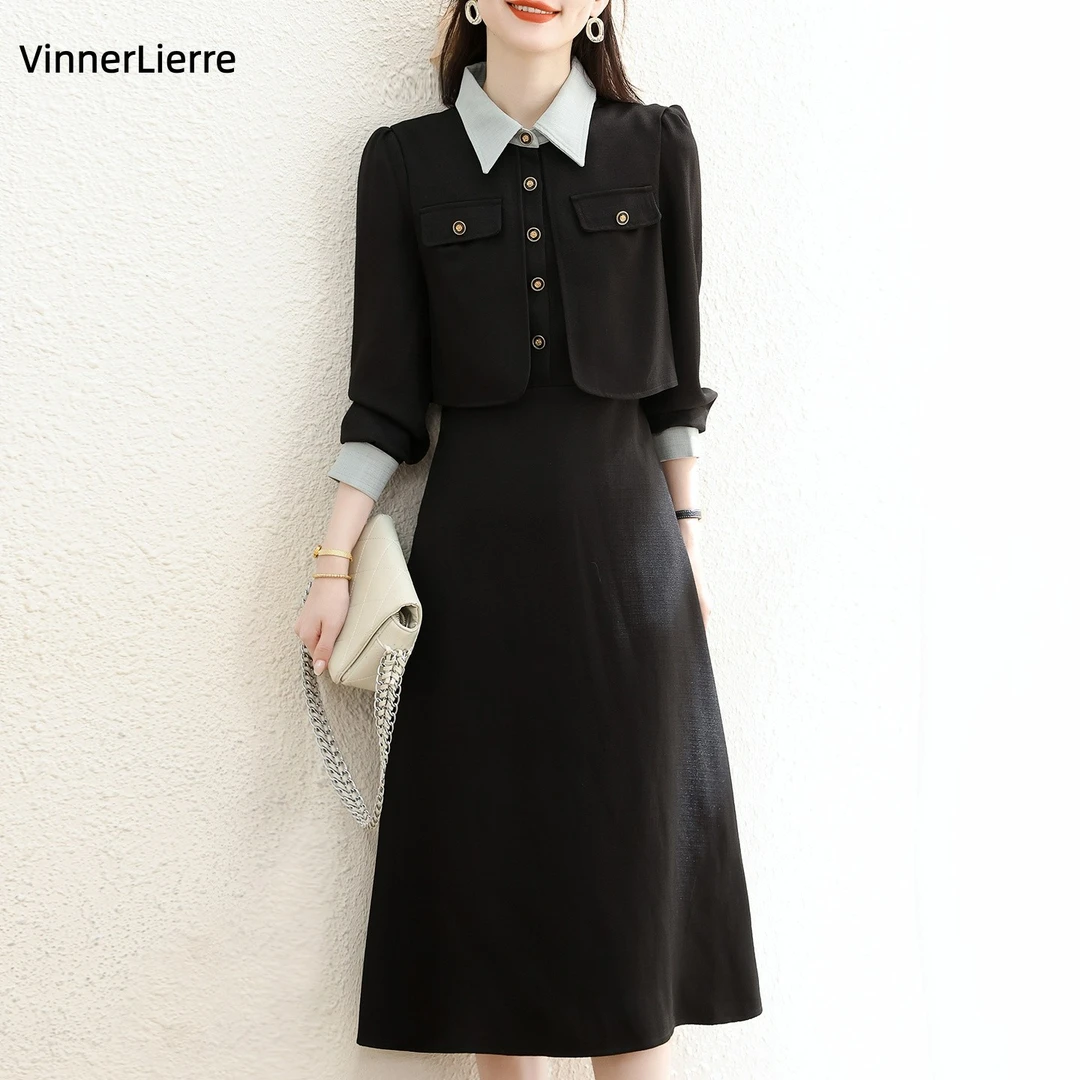 薇妮诺春秋新款学院风正式场合教资面试假两件拼接撞色polo连衣裙