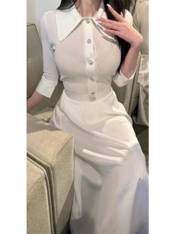 韩系清冷富家千金穿搭小香风高级感白色针织上衣半身裙套装女早秋