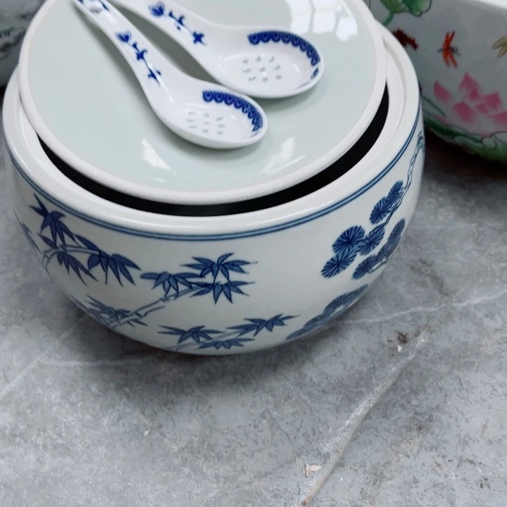 青花玲珑三友猪油罐5斤2个勺