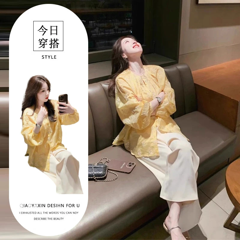 盐系穿搭春装搭配一整套韩系胖mm黄色圆领衬衫休闲阔腿裤两件套女