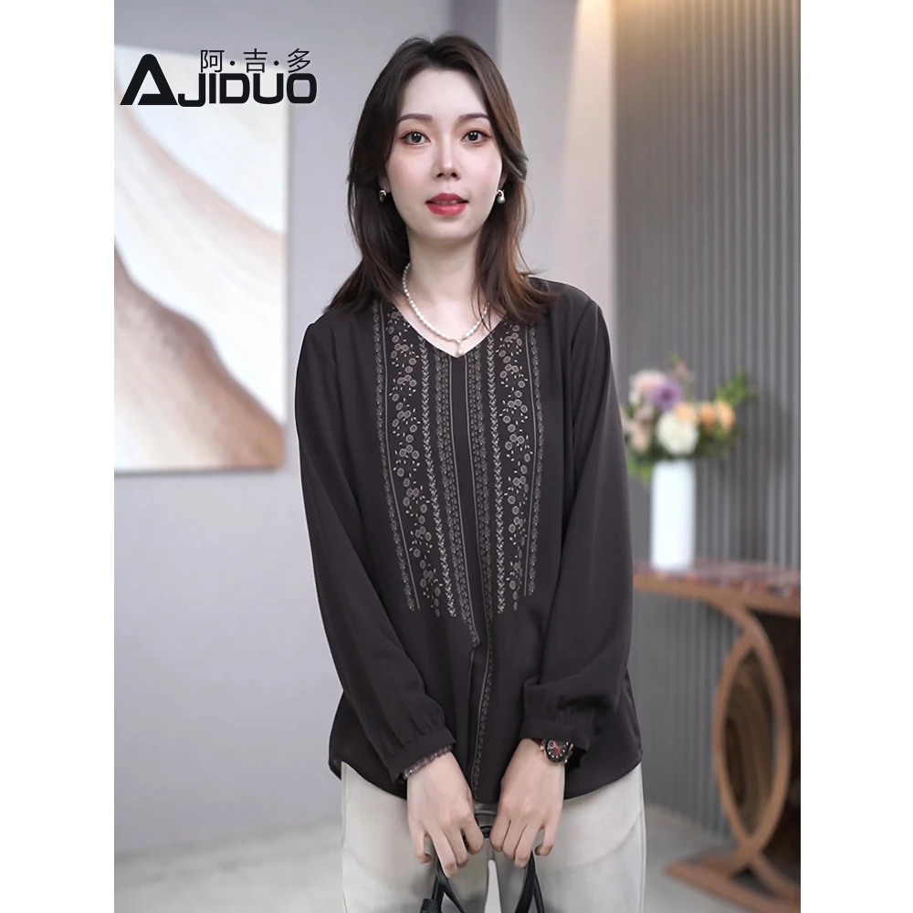 阿吉多A32681咖啡色印花衬衫女早秋新款洋气小衫气质高级大码上衣