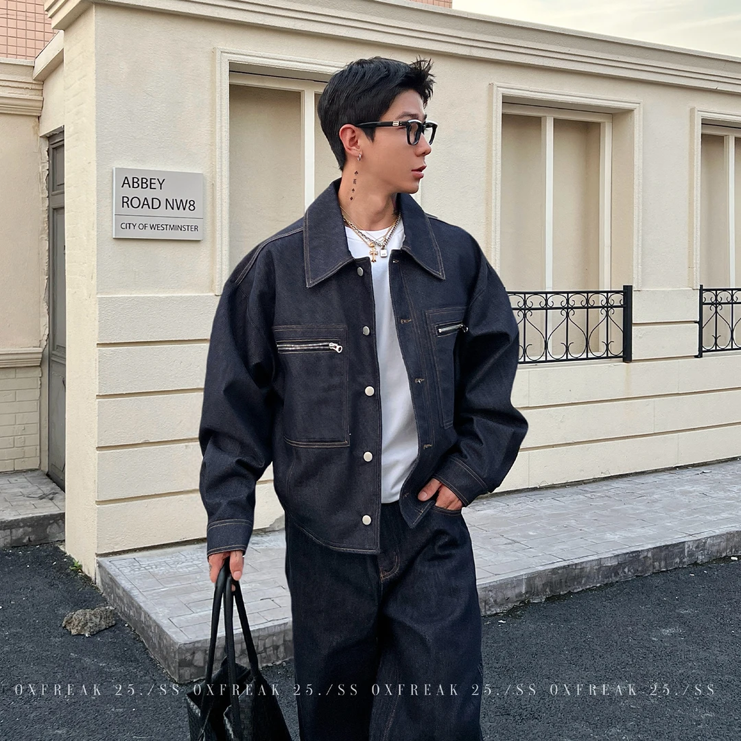 OXFREAK「丹宁原牛 箱型设计」深蓝色工装牛仔夹克男宽松做旧外套