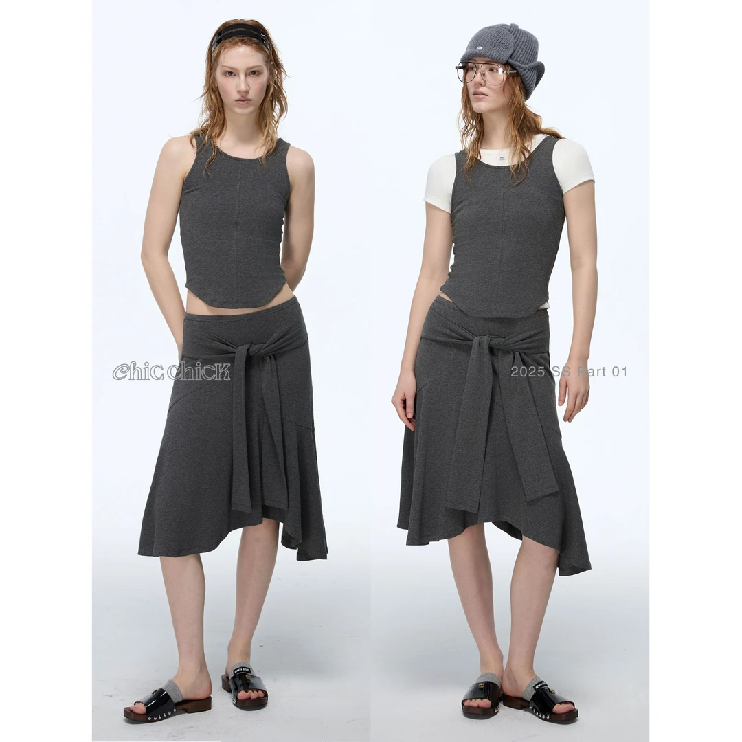 ChicChick时髦小鸡新品 博主穿搭 松弛感系袖杂灰色鱼尾半裙长裙