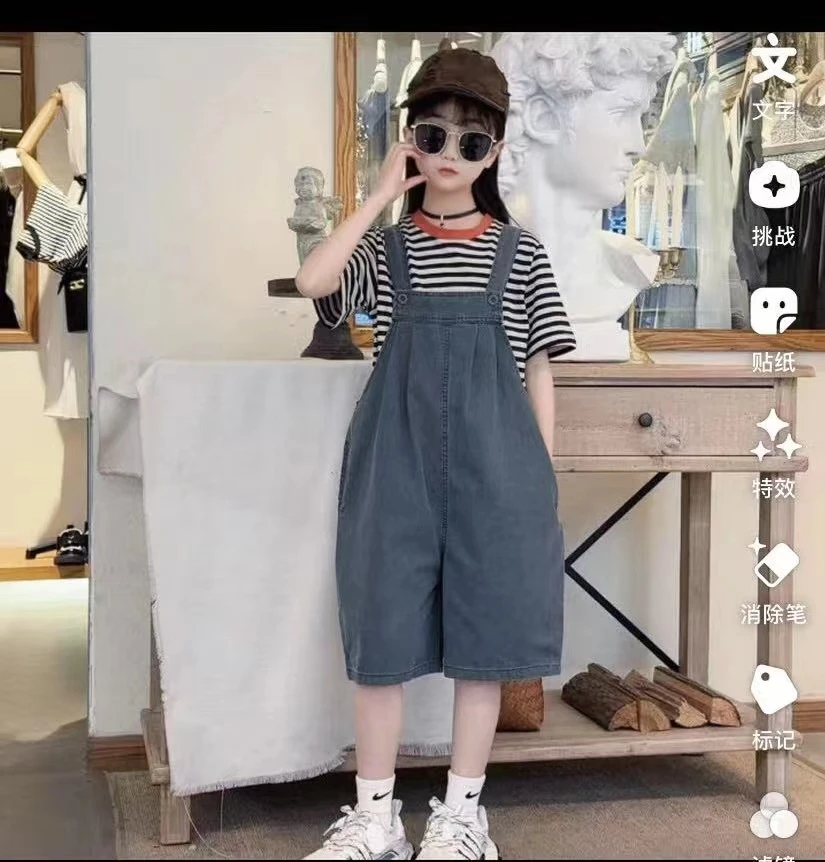 2025新款女童中大童套装韩版夏季条纹女童T恤背带裤套装