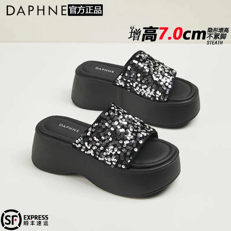 达芙妮厚底时尚亮片一字拖鞋女2025夏季爆款百搭露趾休闲沙滩凉鞋