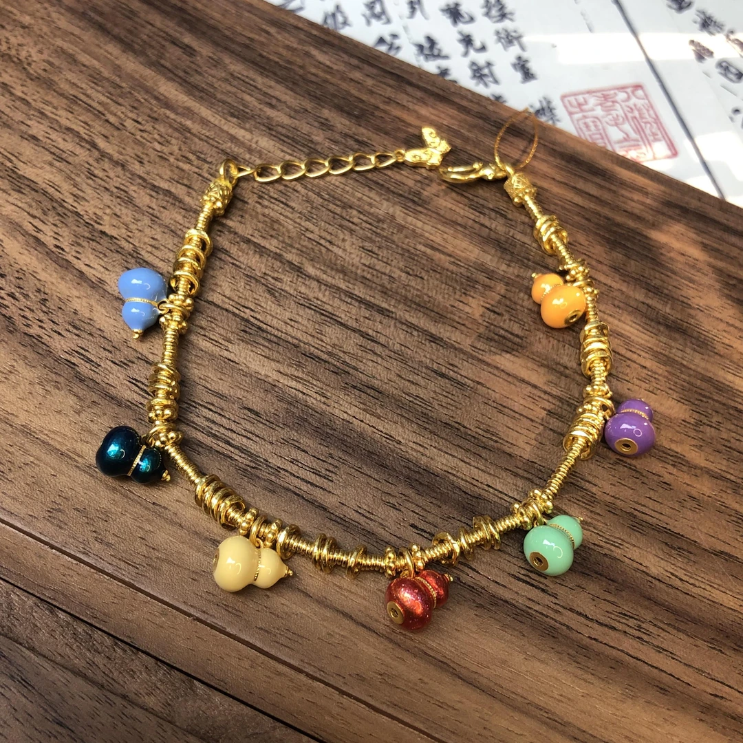黄金足金999古法高温烧蓝珐琅彩七彩葫芦手串手链