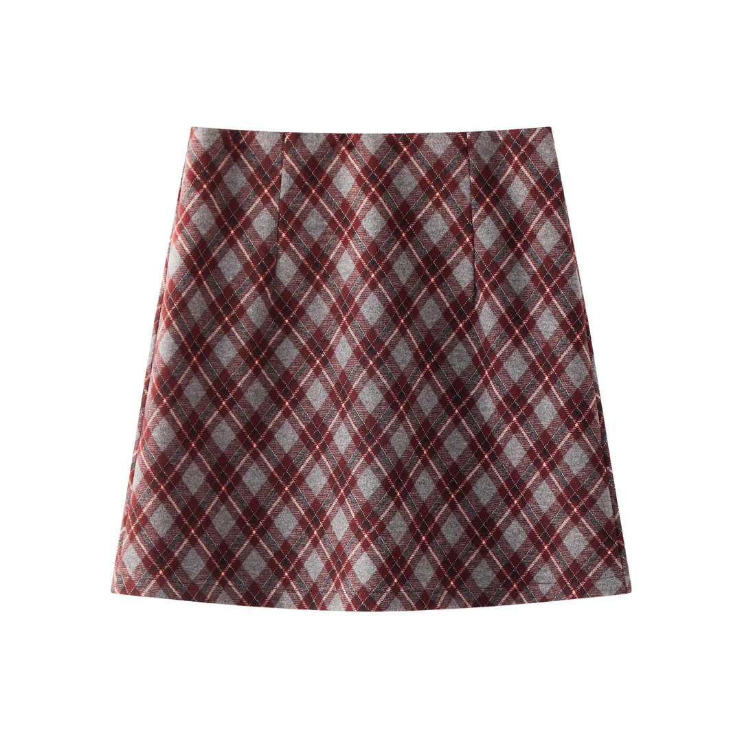 艾格红色格子短裙女2025新款秋季高腰显瘦包臀裙小个子休闲遮肉半