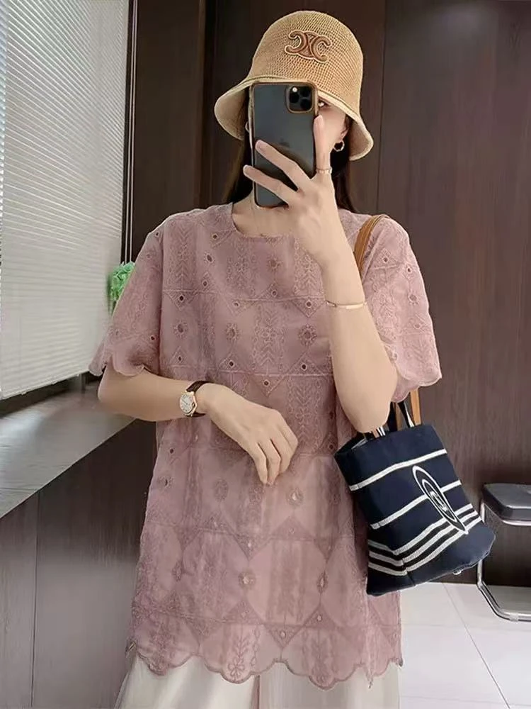 DALIANSU/大脸酥--4566   夏季法式高级感镂空刺绣短袖衬衫上衣