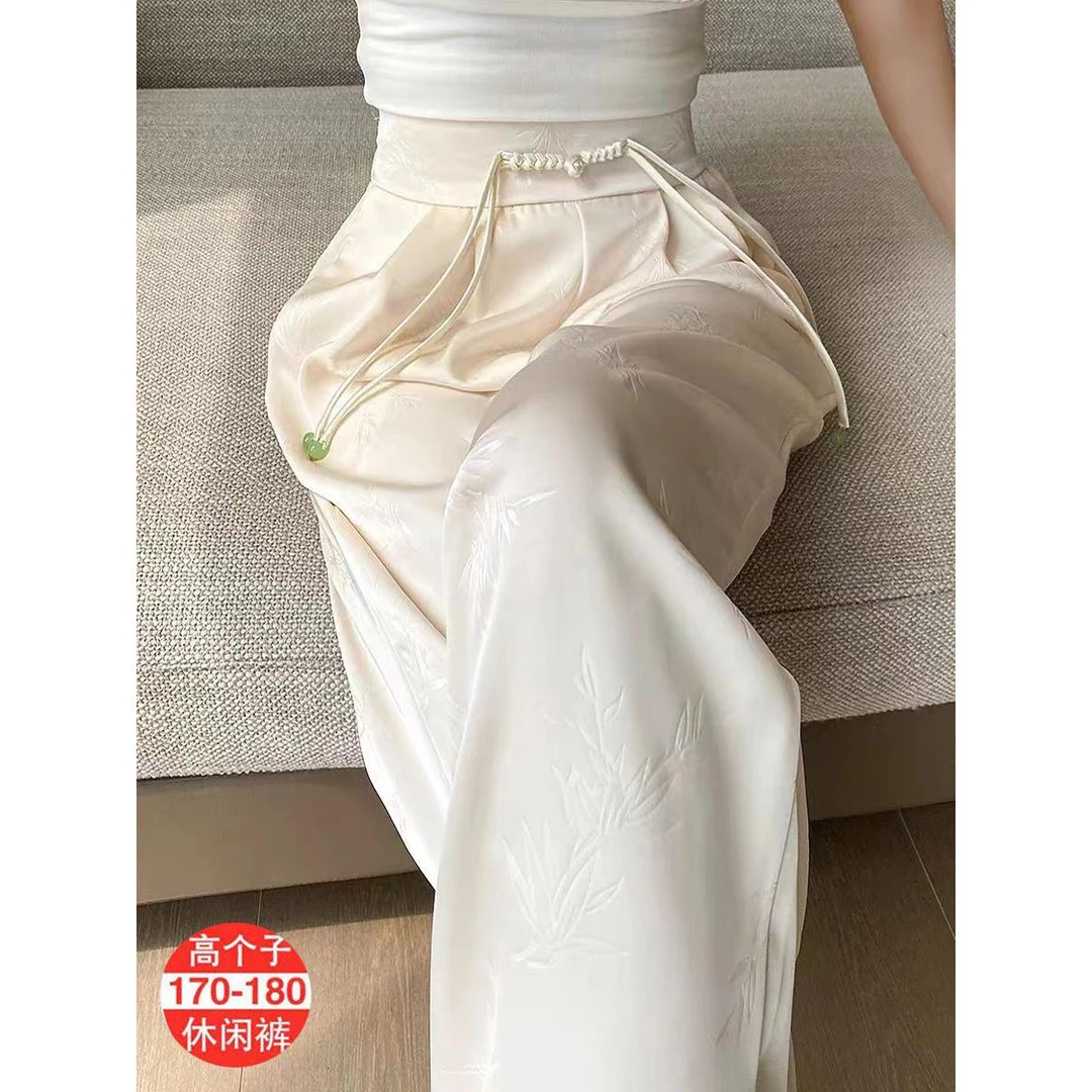 超长款中式醋酸缎面裤女提花阔腿裤子新款国风盘扣显瘦高腰休闲裤