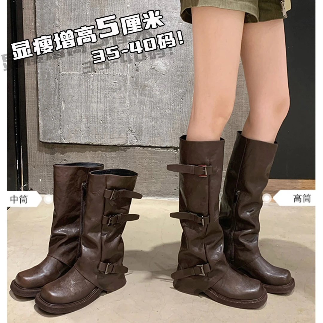 新款百搭休闲厚底9cm内增高~软皮褶皱黑色长筒靴女20时装靴长筒靴