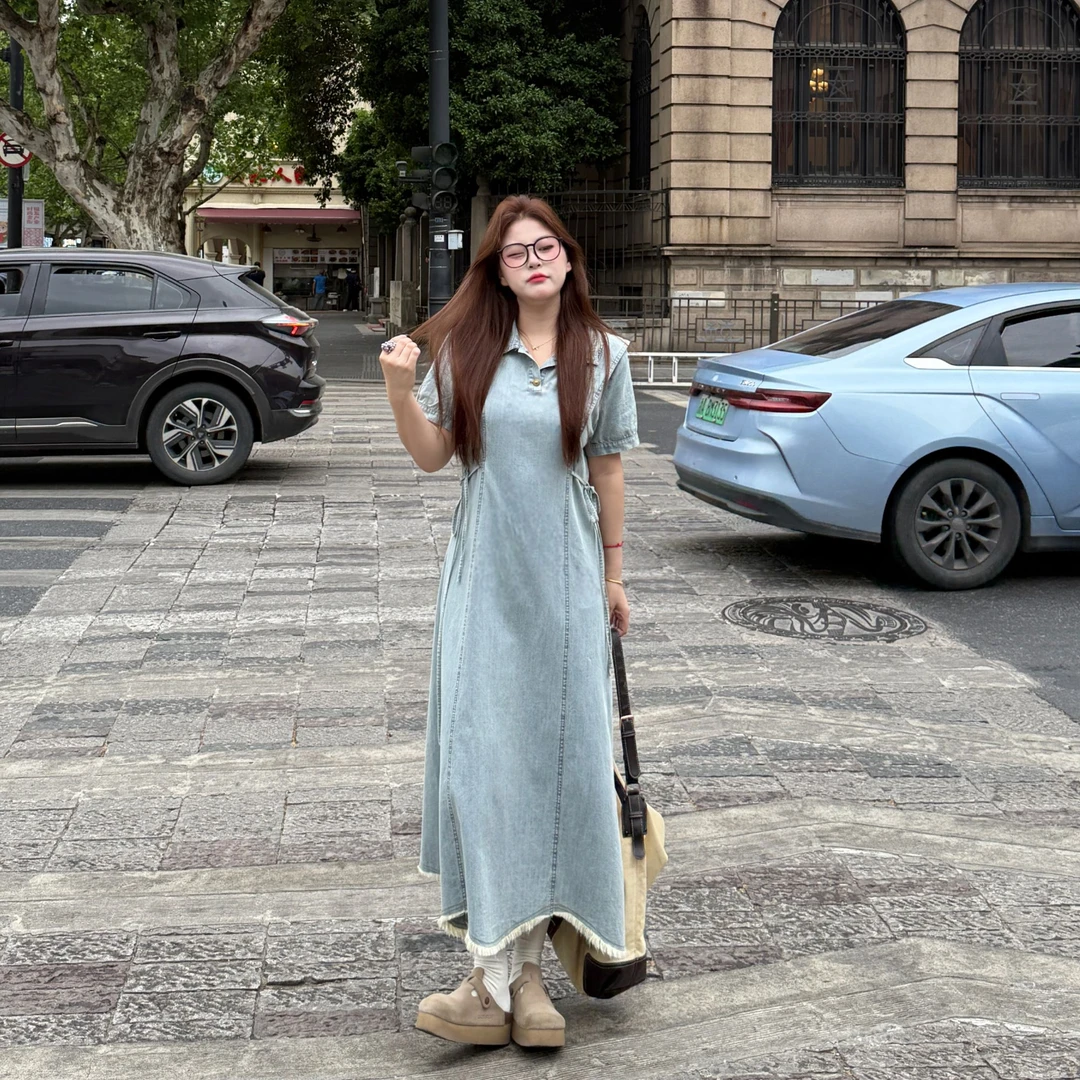 盈盈&南岛风大码女装绑带设计感牛仔连衣裙胖mm夏宽松长裙ZYY1638