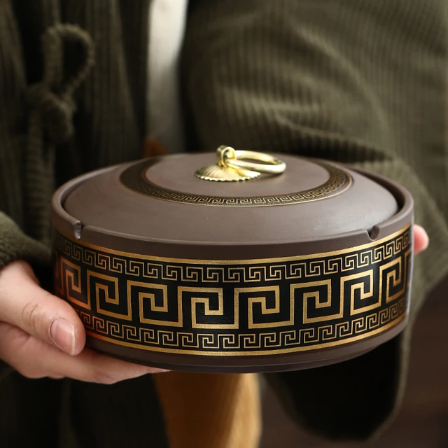 六晋中国印大号紫砂烟灰缸家用办公带盖防飞灰中式复古车载灭烟缸