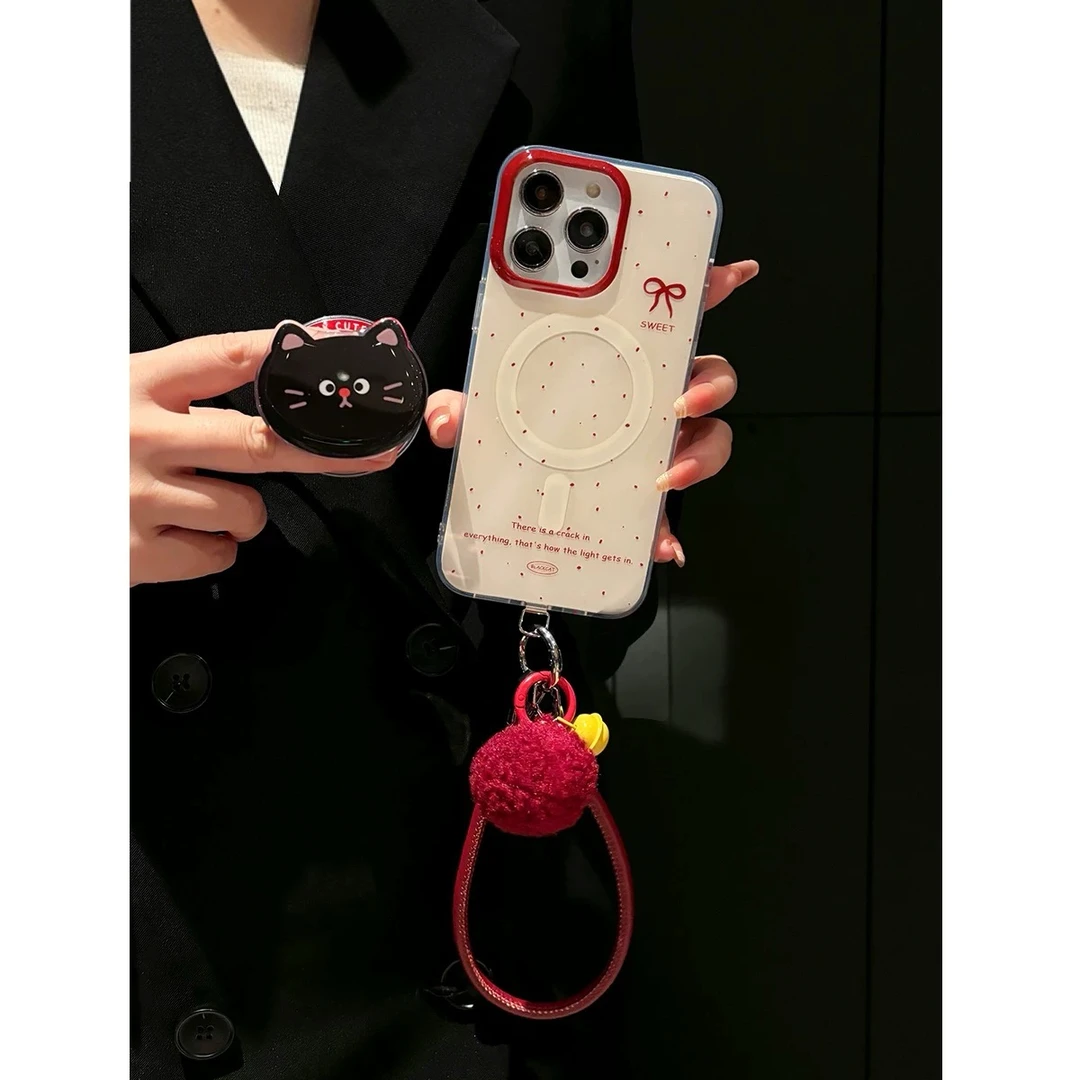 ins酒红波点猫咪磁吸支架适用苹果16promax手机壳15斜跨背带防摔