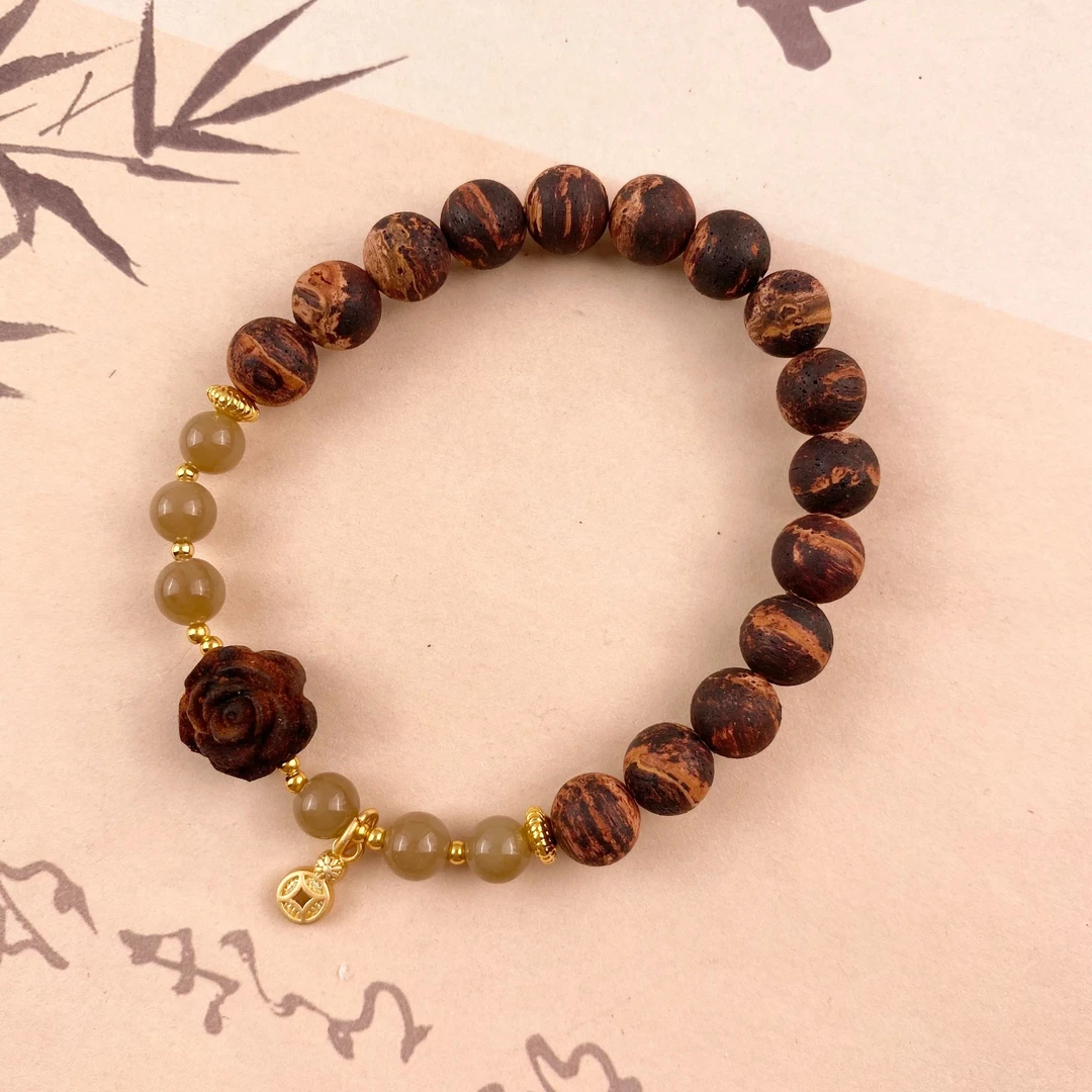 缅甸降真香8mm黄金甲花开富贵单圈手串