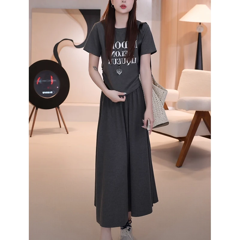 2025超火夏装一整套新款抽褶字母短袖t恤+中长款A字半身裙两件套