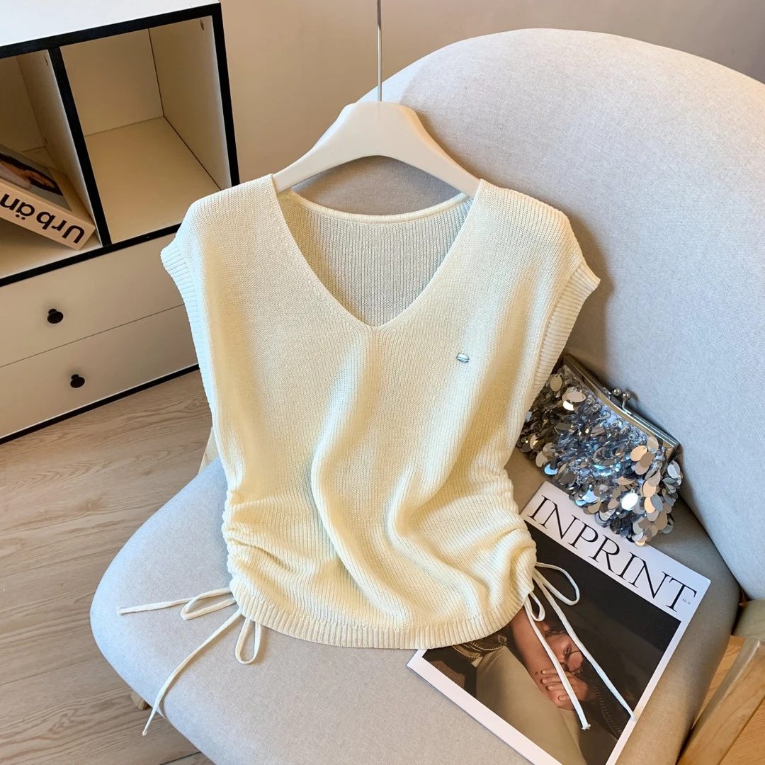 自留款~法式V领小飞袖针织衫女夏季新款收腰显瘦百搭短款上衣