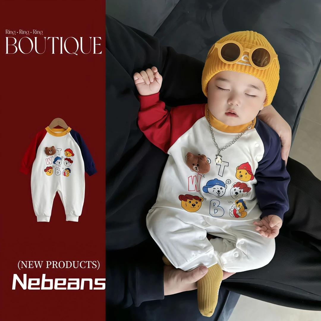 nebeans乐宾春款新品婴儿连身衣外出连体服撞色小熊头A棉哈衣爬服