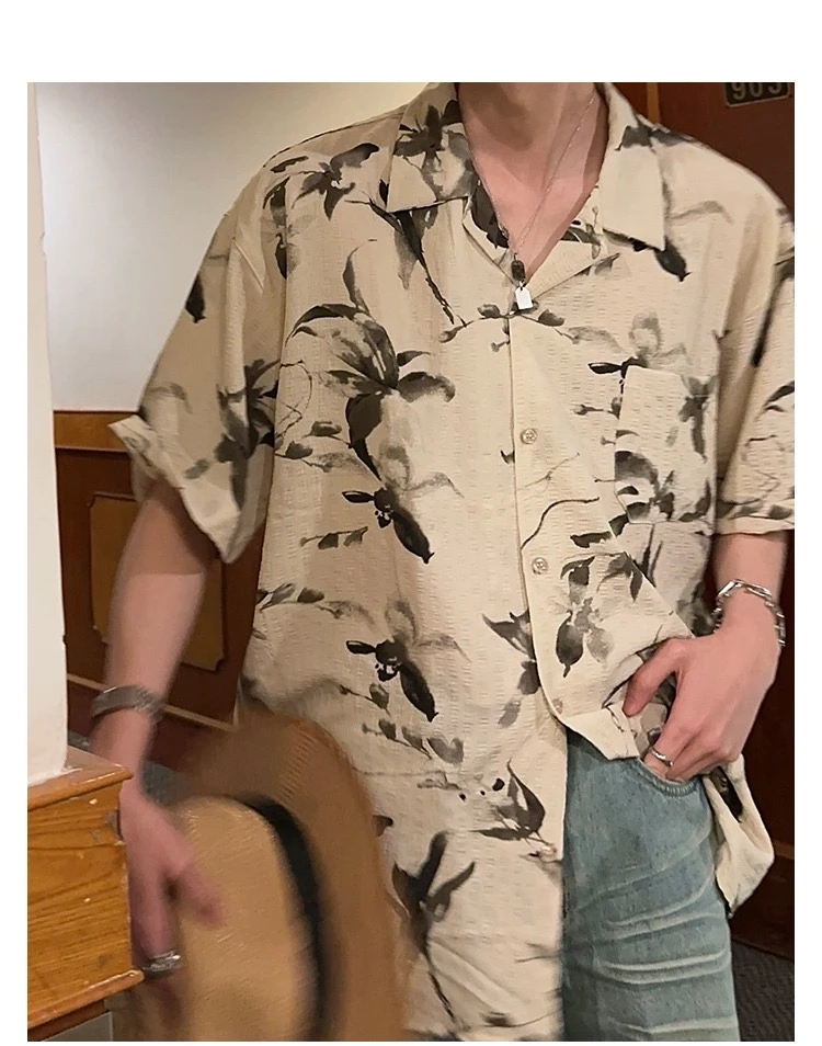 美式复古港风古巴领短袖衬衫男女休闲夏季垂感衬衣潮