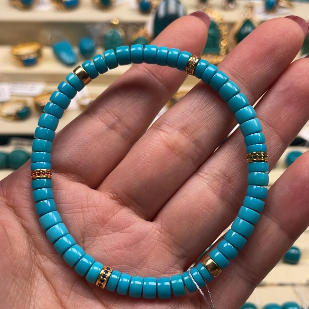 18K金镶嵌绿松石珠宝奇石直切手串5.3