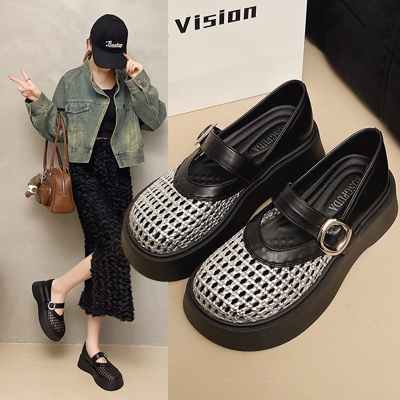 镂空玛丽珍单鞋女春夏季2025新款百搭透气厚底英伦风乐福鞋P13952