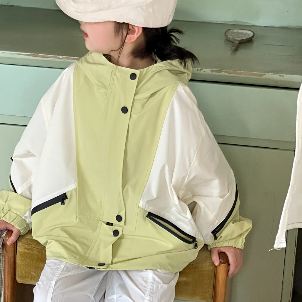 女童春秋外套2025新款秋装韩版儿童连帽初中生宽松长袖拼色冲锋衣