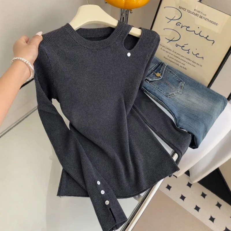 大码高级感灰色露肩长袖针织衫毛衣女秋季新款宽松内搭打底衫上衣