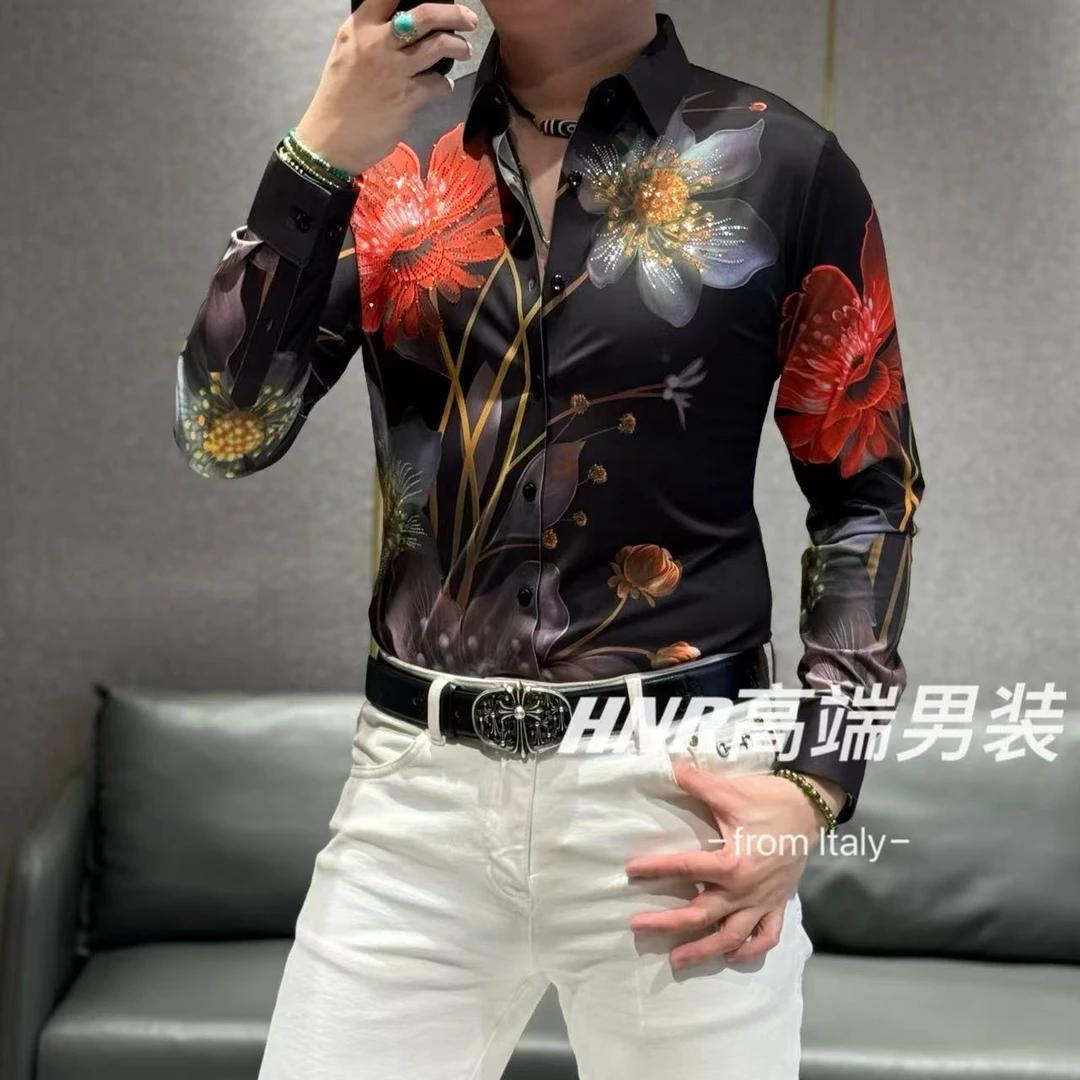 高弹力莱卡面料双色花奥钻点缀高端男士长袖衬衫3182