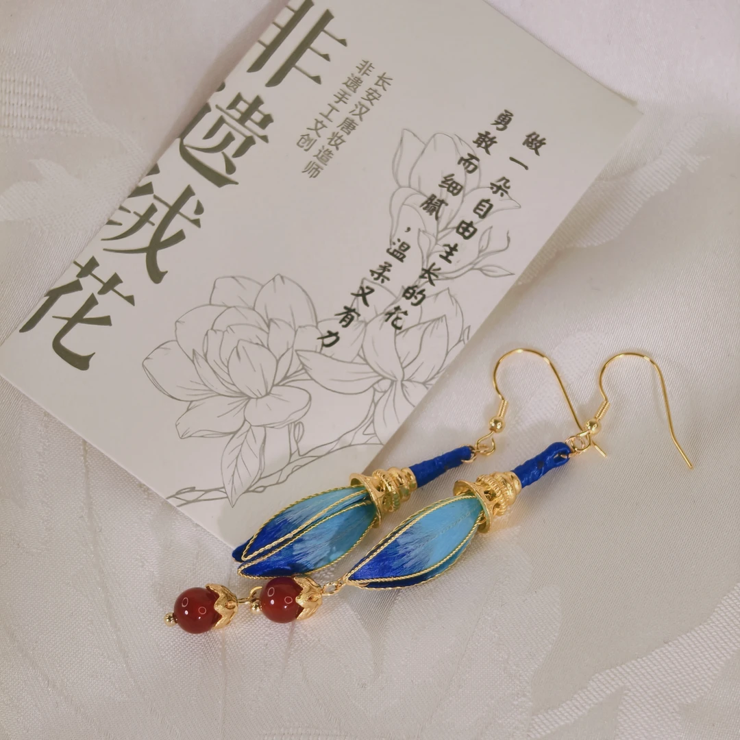非金属珐琅耳饰 【蓝屿胭绒】非遗桑蚕丝耳饰纯手工制作NO退NO换
