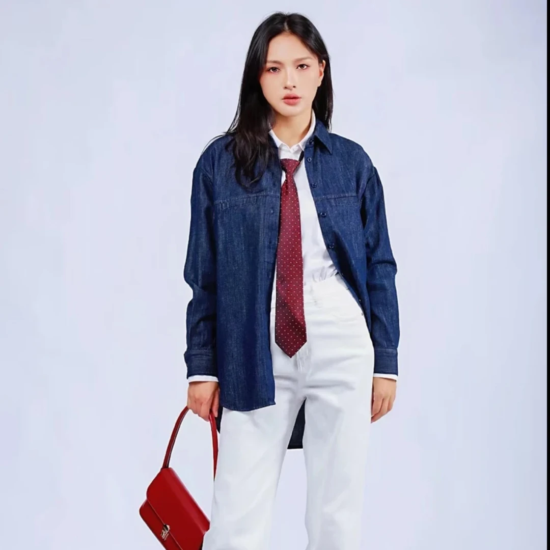 LINGZI 复古休闲女士蓝色牛仔衬衫