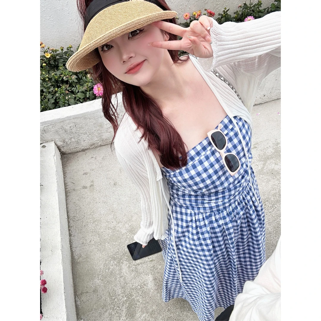 晶咕【文艺复兴】韩系腰部褶皱抹胸格纹连衣裙宽松连衣裙