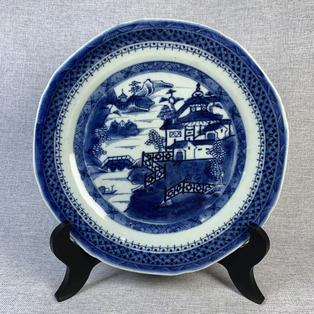 清代青花山水盘古瓷器真品国营镇江市文物商店库出5229023