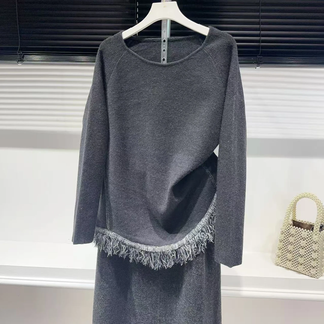 胸102-150长65极简气质小香风流苏针织轻奢长袖气质针织上衣 7499