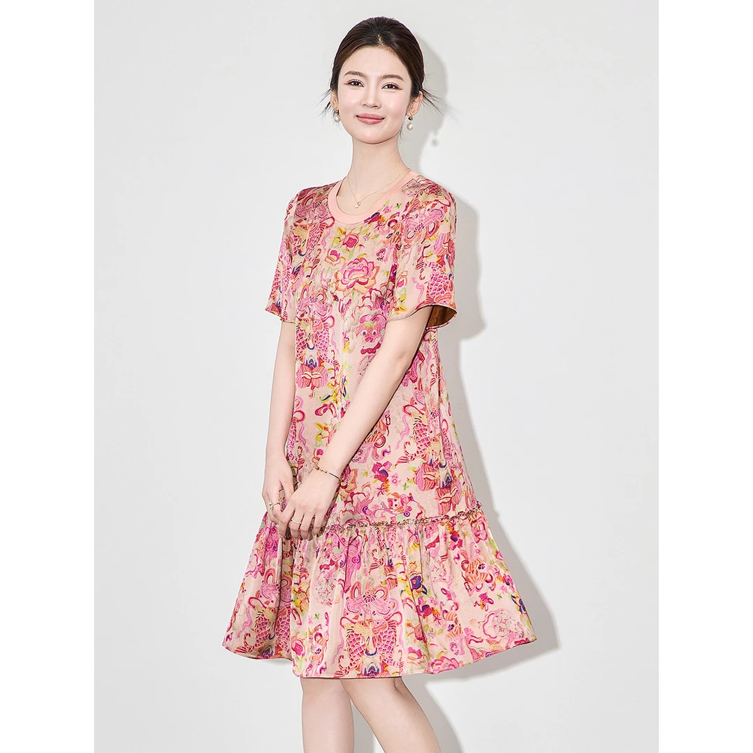 深圳南油新款女性夏季宫廷风收腰时尚精美休闲圆领荷叶边短袖连衣