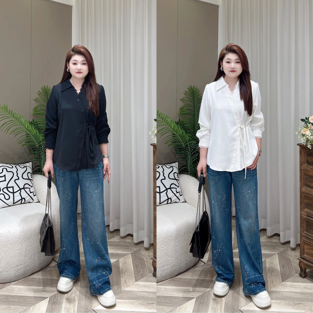 【上新上衣】PMM82165秋季新款收腰绑带气质带花边女装大码衬衫