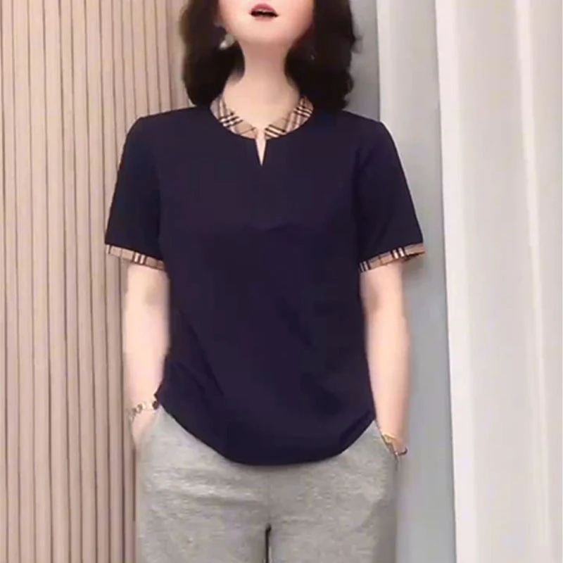 2025夏季新款拼接格子立领短袖T恤女时尚洋气百搭显瘦上衣小衫潮