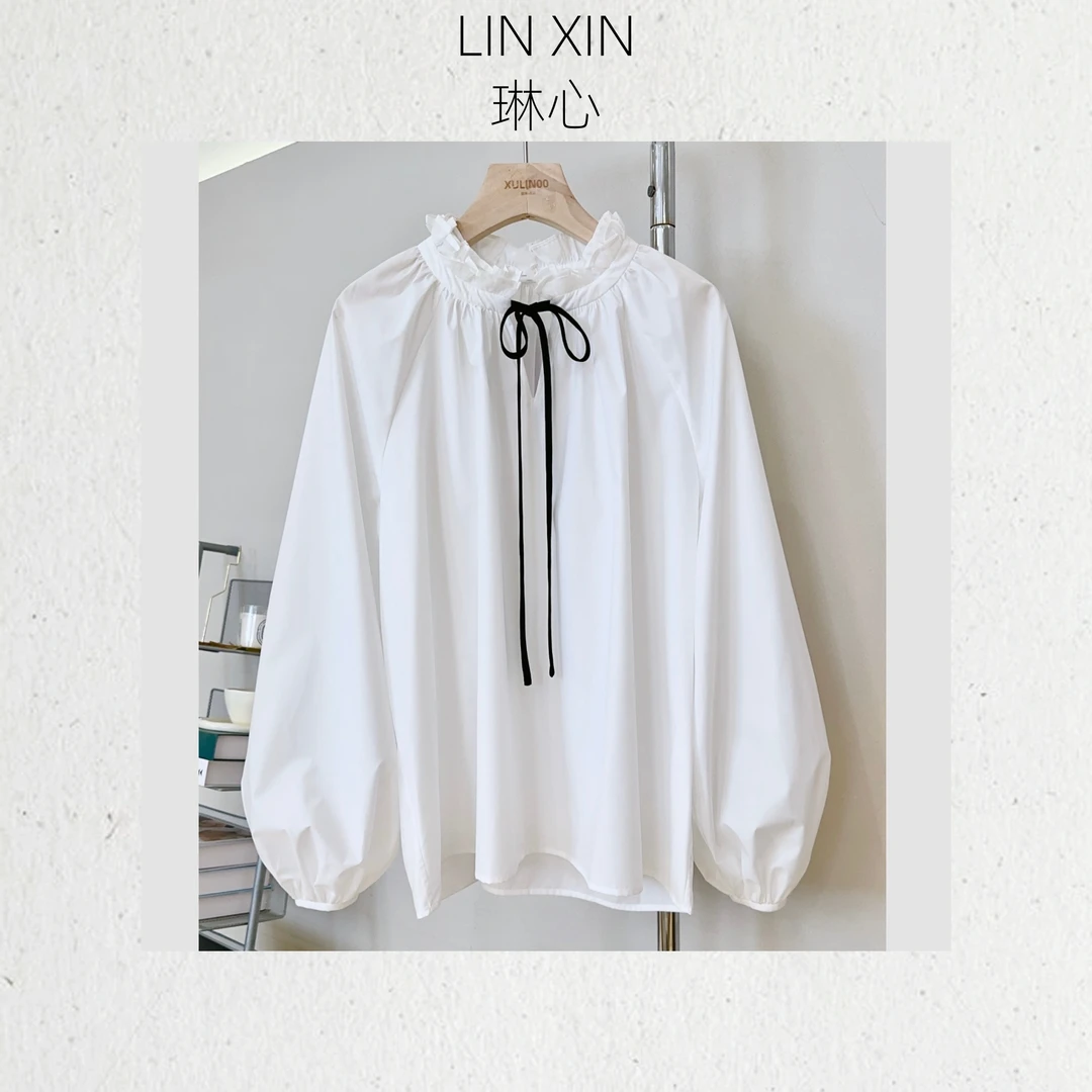 丨早秋新款白色休闲百搭荷叶领蝴蝶结系带泡泡袖衬衫 7853衬衣