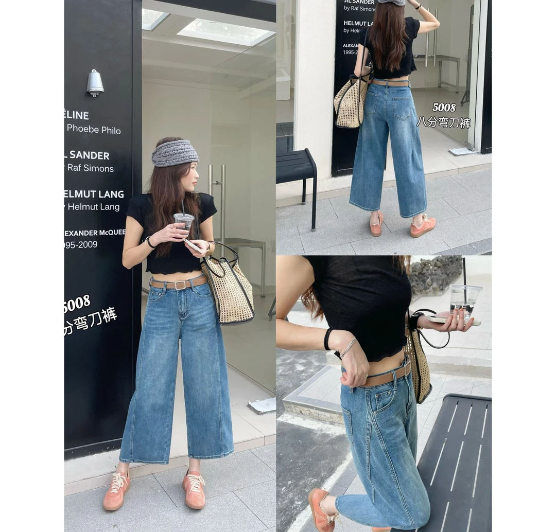 慵懒风弹力八分裤弯刀裤阔腿牛仔裤女直筒时尚宽松夏季休闲