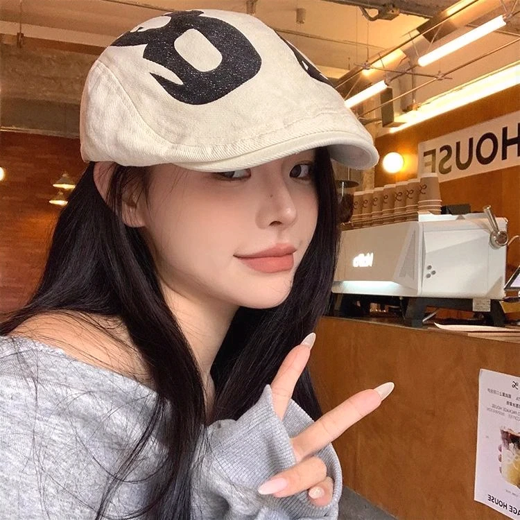 时尚夏季遮阳帽复古字母涂鸦前进帽女春夏款百搭小贝雷帽戴帽子