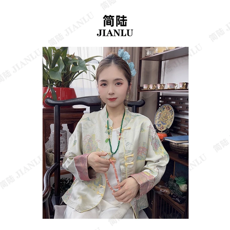 【长风序】新中式国风提花复古缎面休闲百搭高定撞色拼接外套-9006