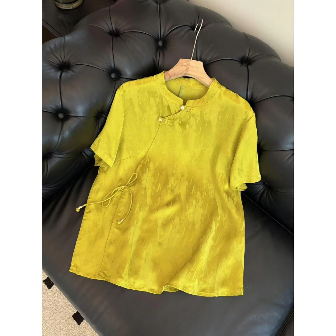 Art li新中式国风韵味天丝亮黄提花盘扣系带短袖上衣复古2358