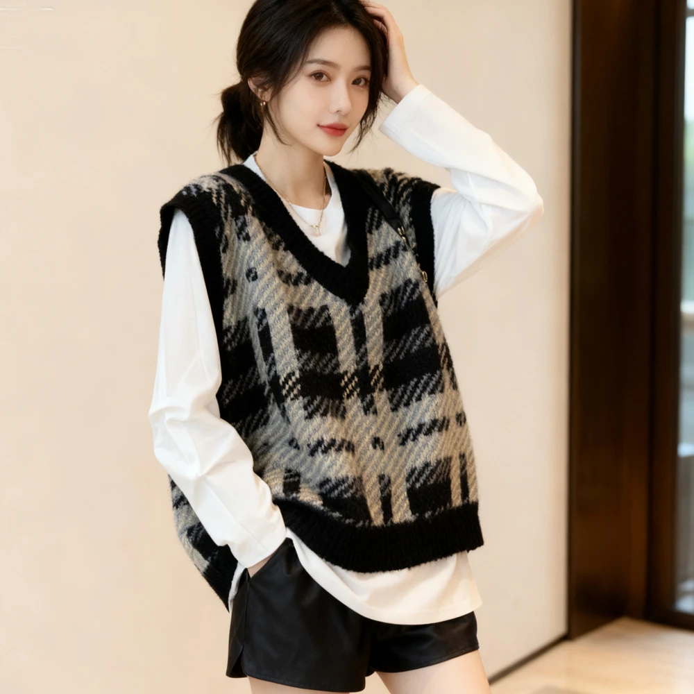 2026秋冬新款学院风套装女韩版格子V领针织马甲叠穿白色T恤两件套