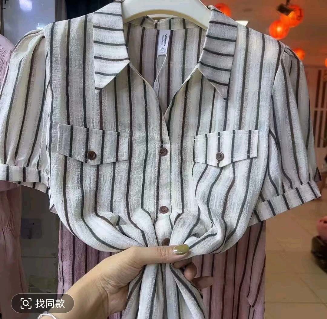 8859显瘦竖条纹气质洋气时尚翻领百搭衬衫女上衣打底