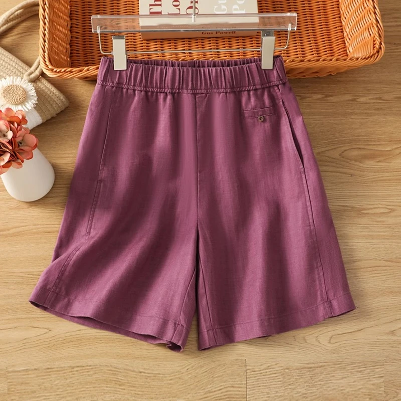 紫色棉麻阔腿短裤夏季薄款2025新款抗皱天丝亚麻五分裤超好看热裤