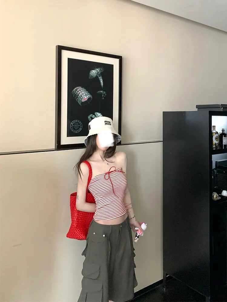 韩女冰感美式复古拼色蝴蝶结绑抹胸背心女夏季新款设计感上衣