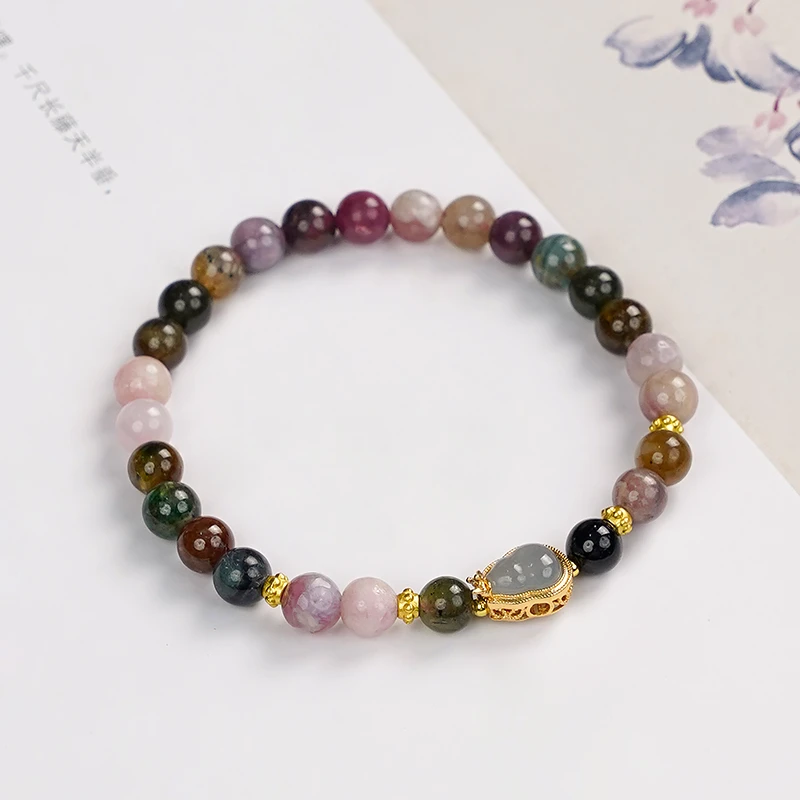 天然多彩单圈碧玺彩色宝石手链翡翠葫芦手串多样性发一9387
