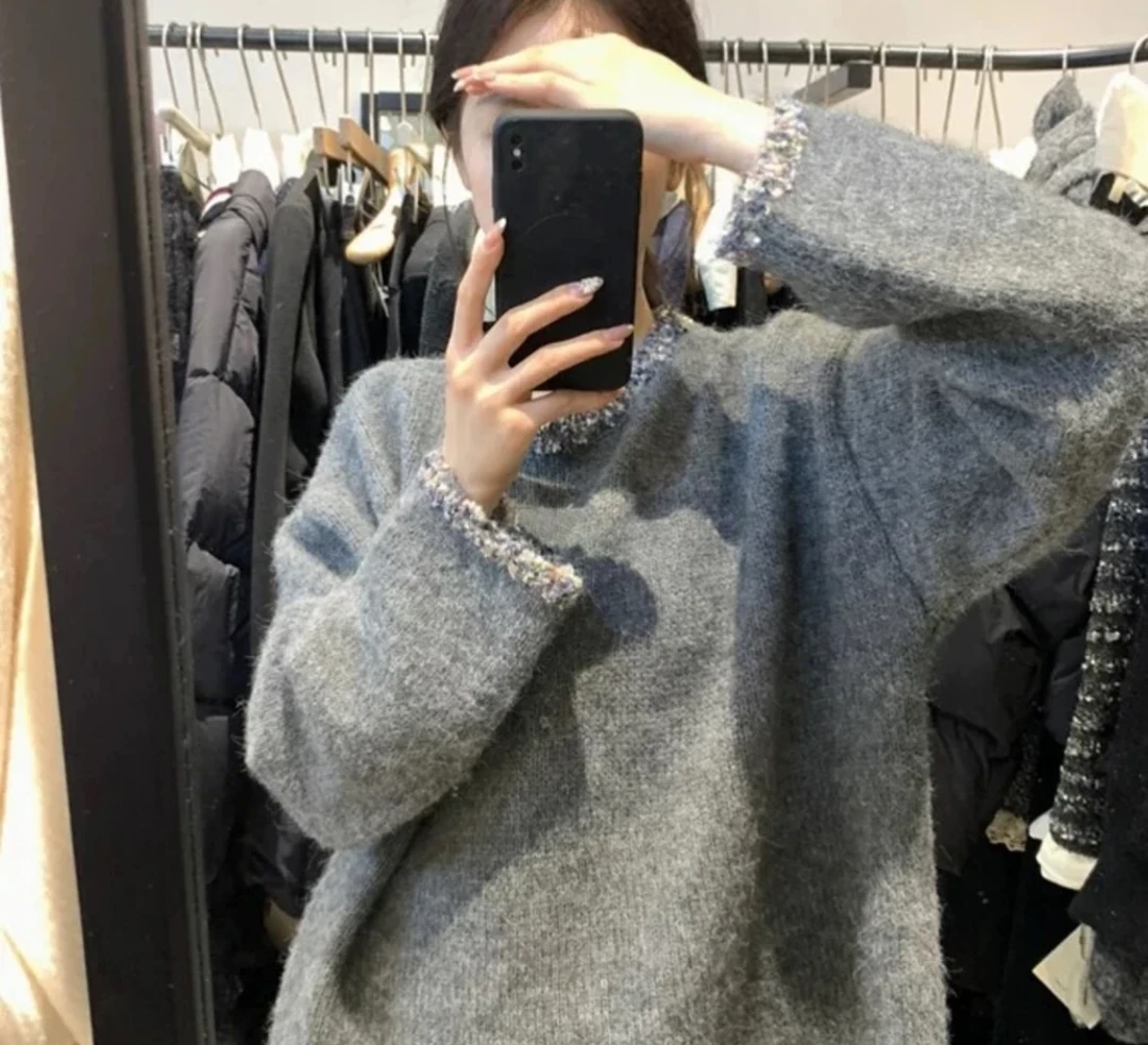 小香风毛蕊花灰色软糯套头宽松高级感外穿针织上衣9811